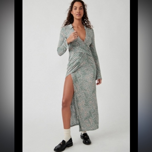 Free People Shayla Wrap Midi Dress in Mint Combo - Picture 3 of 8